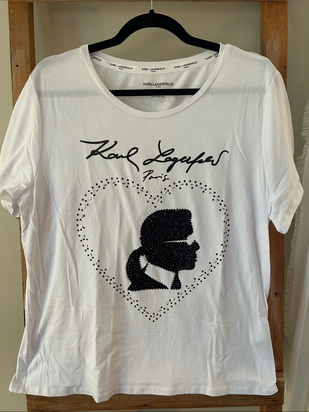 Karl Lagerfeld White Tee with Black Sequin Silhouette & Heart - new without tags